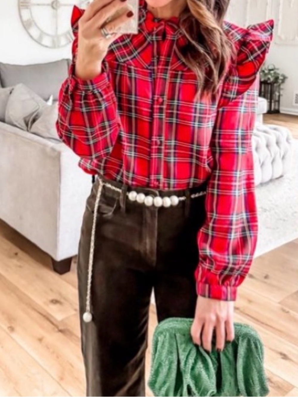 Red Dress Boutique Red Plaid Ruffle Shoulder Button-Down Shirt